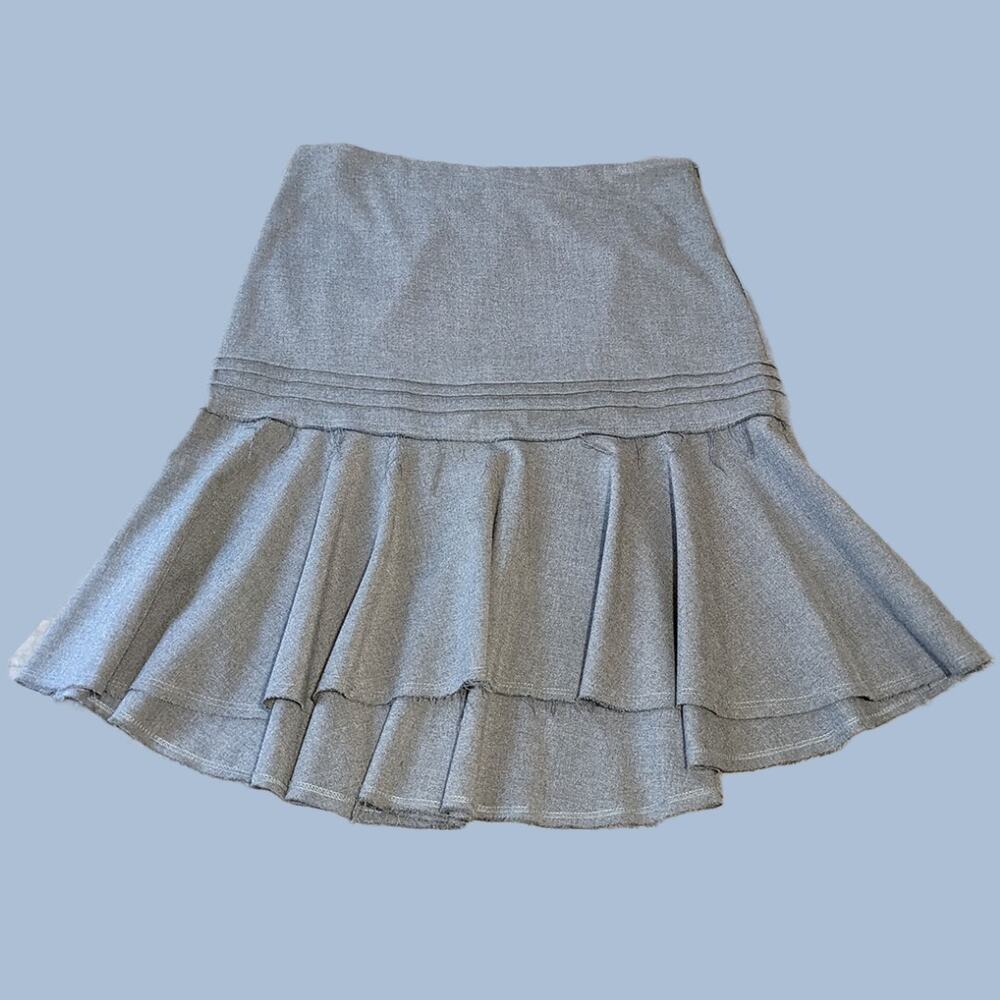 Vintage Flared Worsted Poly Asymmetrical Midi Skirt with Frayed Edges